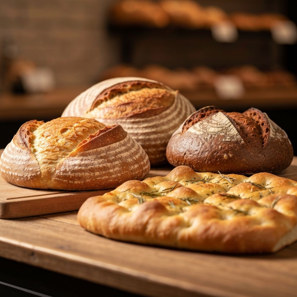 Artisan breads including sourdough, rye and focaccia